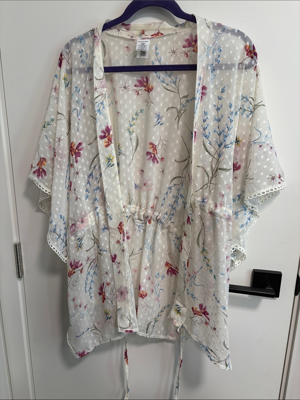 Floral Sheer Tie-Waist Kimono Tunic - Cream